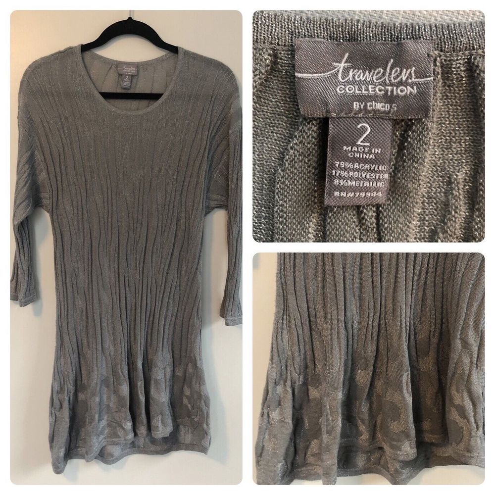 Chico's Traveler Collection Gray Ribbed Mini Dress with Textured Hem